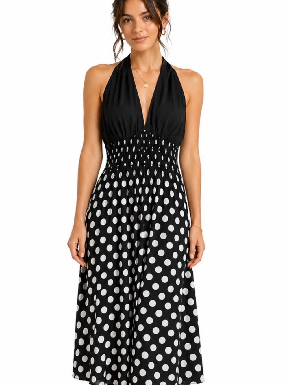 Body Central Black and White Polka Dot Halter Midi Dress with Smocked Waist